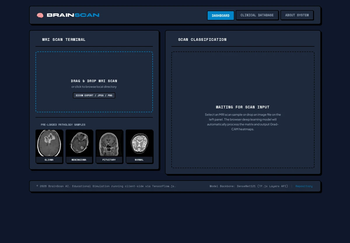 The real BrainScan interface with an MRI input panel and classification workspace